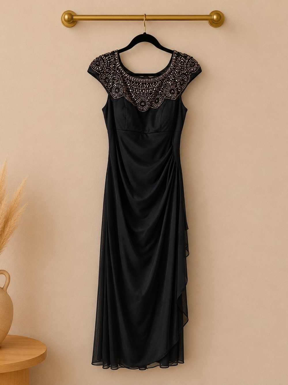 Xscape Black Beaded Cap Sleeve Maxi Dress